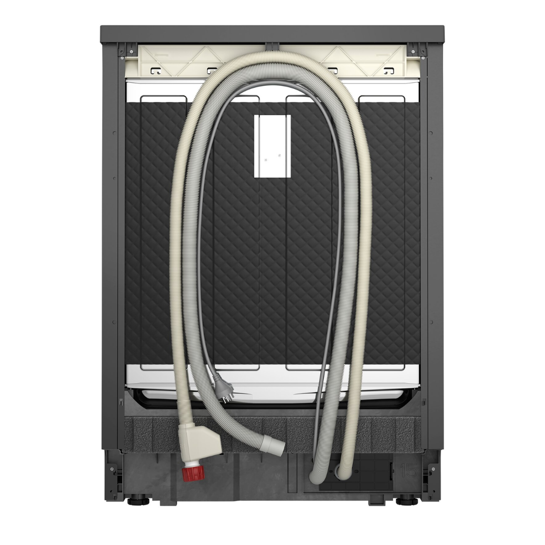 Back view of the Westinghouse 60cm freestanding dishwasher in dark stainless steel showing the power cable, water inlet and water drainage hoses.
