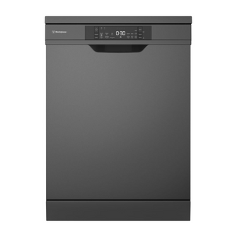 Front view of the Westinghouse 60cm freestanding dishwasher in a dark stainless steel finish with the control panel visible.