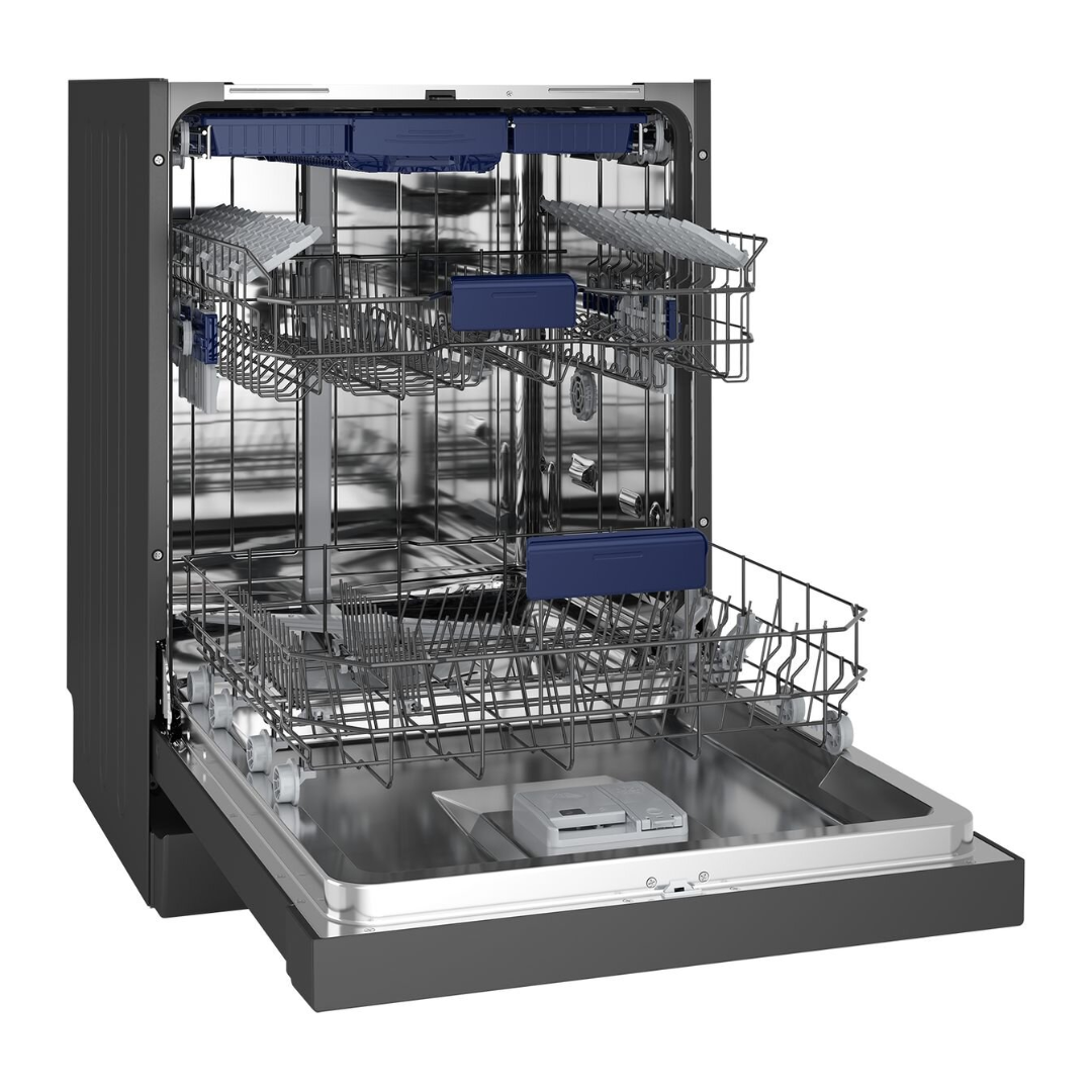 Angled view of the Westinghouse 60cm freestanding dishwasher in dark stainless steel with the door open, showing the top and bottom baskets emoty.