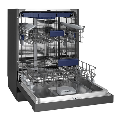 Angled view of the Westinghouse 60cm freestanding dishwasher in dark stainless steel with the door open, showing the top and bottom baskets emoty.