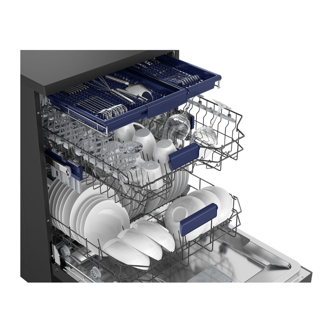 Top angled view of the Westinghouse 60cm freestanding dishwasher with the door open revealing the cutlery draw top and bottom baskets full at capacity.