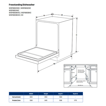 Westinghouse 60cm Freestanding Dishwasher Dark Stainless Steel