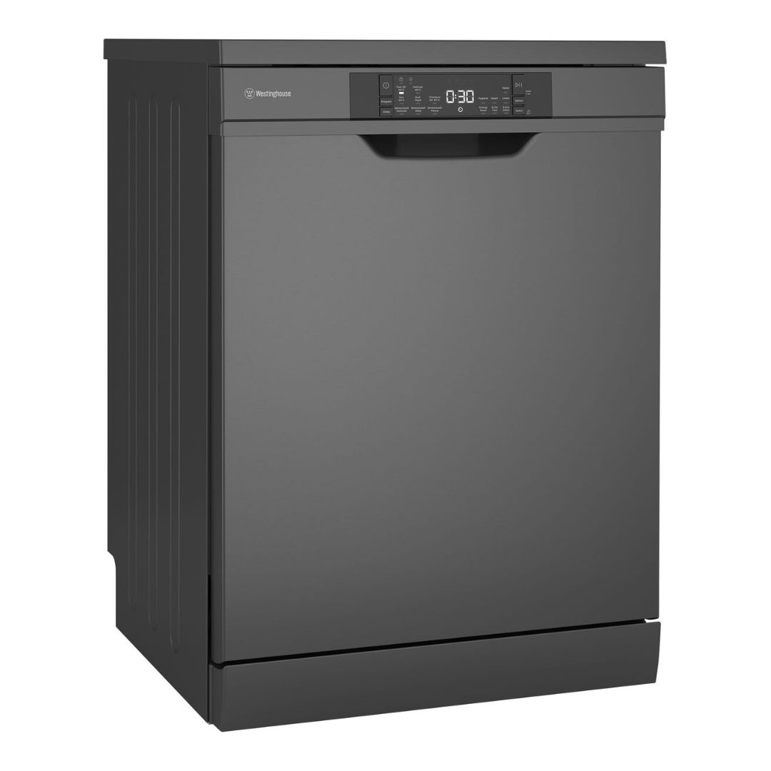 Angled view of the Westinghouse 60cm freestanding dishwasher in dark stainless steel. 