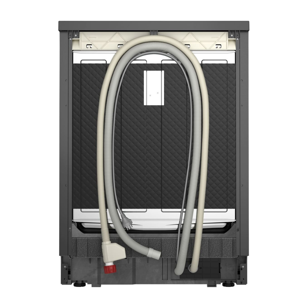 Back view of the Westinghouse 60cm freestanding dishwasher showing it's power cable water inlet and water drainage hoses.