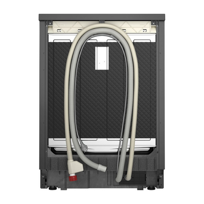 Back view of the Westinghouse 60cm freestanding dishwasher showing it's power cable water inlet and water drainage hoses.