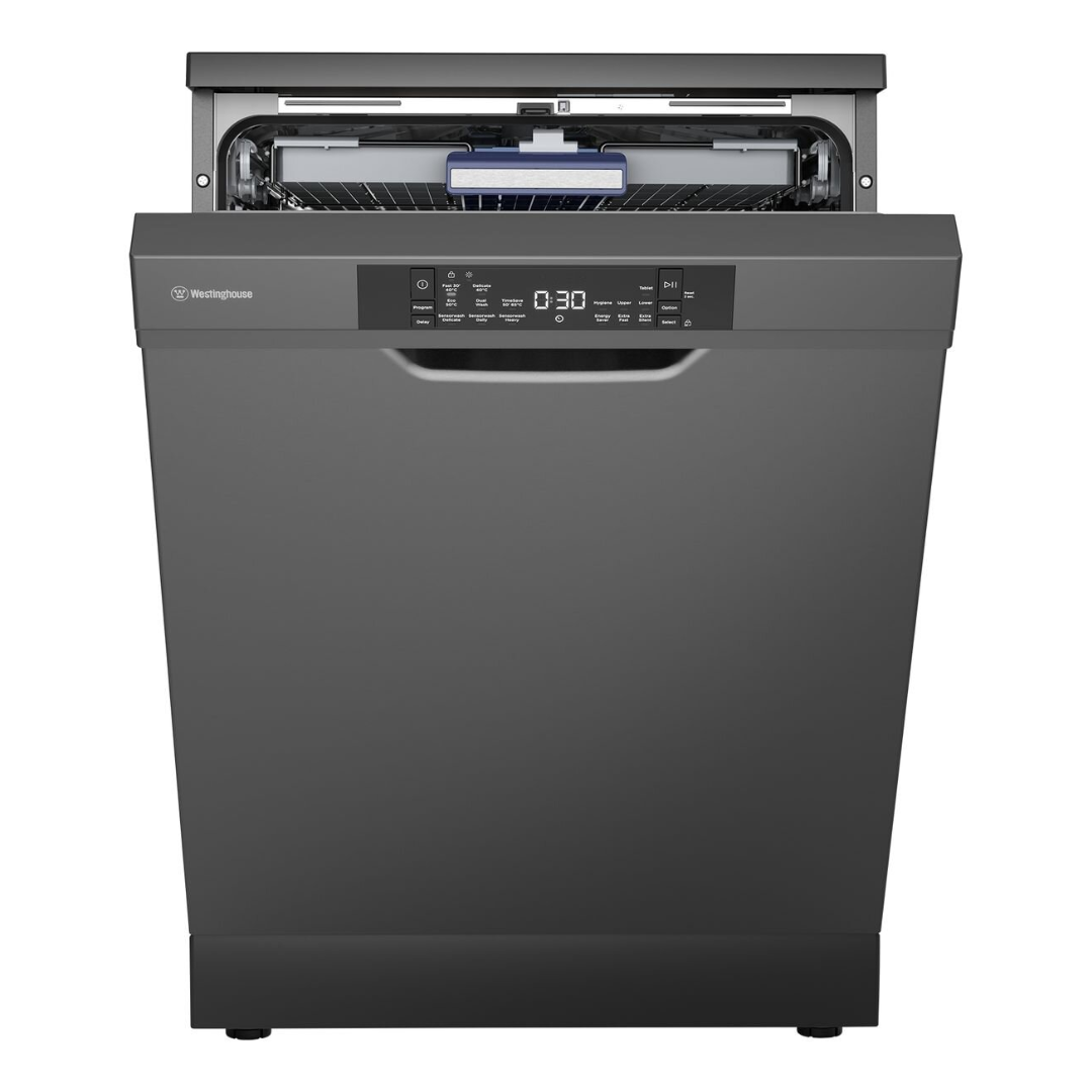 Front view of the Westinghouse 60cm freestanding dishwasher in dark stainless steel with the door slightly open illustrating it's auto door open function.