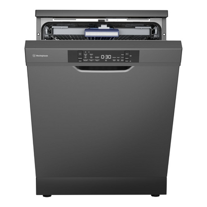Front view of the Westinghouse 60cm freestanding dishwasher in dark stainless steel with the door slightly open illustrating it's auto door open function.