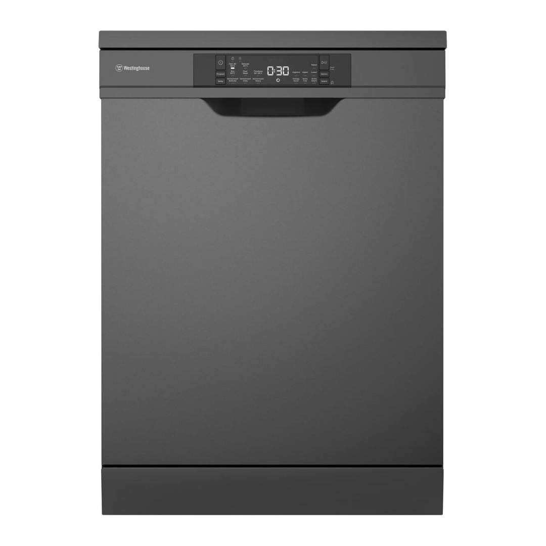 Front view of the Westinghouse 60cm freestanding dishwasher in dark stainless steel with the door closed and showing the control panel with touch buttons.