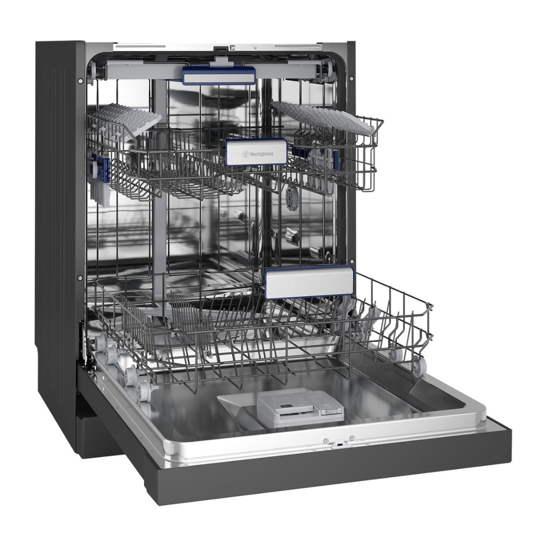 An angled view of the Westinghouse 60cm freestanding dishwasher in dark stainless steel with the door open showing the top and bottom baskets empty.