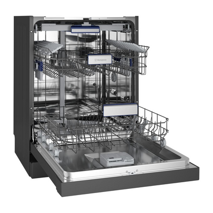 An angled view of the Westinghouse 60cm freestanding dishwasher in dark stainless steel with the door open showing the top and bottom baskets empty.