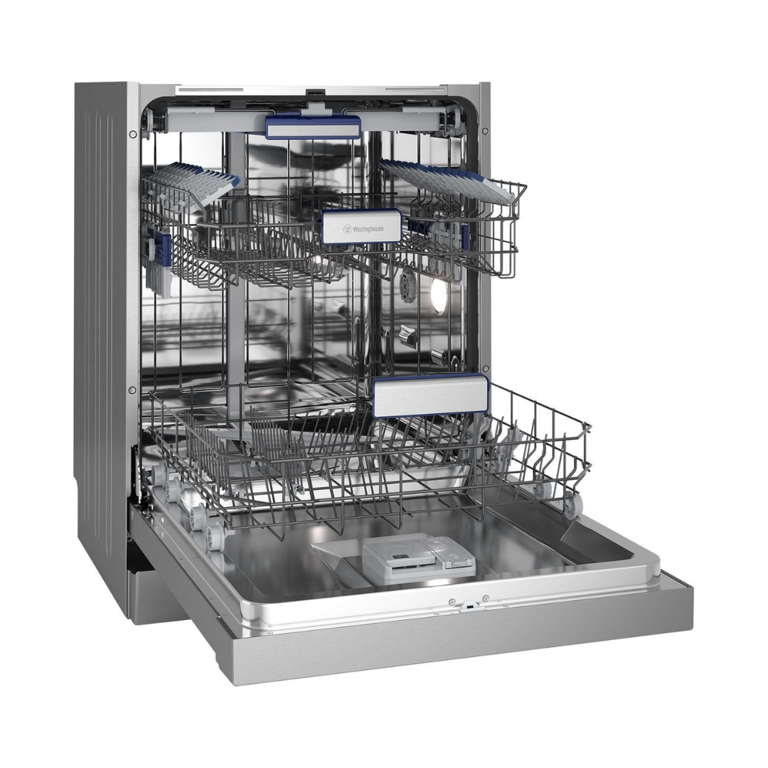An angled view of the Westinghouse 60cm built under dishwasher with the door open, showing the bottom and top baskets empty.