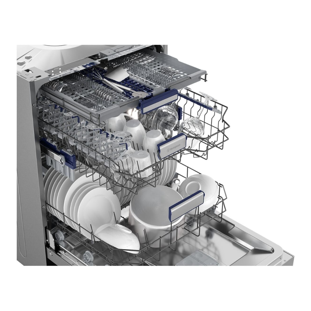 Close up angled view of the Westinghouse 60cm built under dishwasher with the cutlery draw, top basket and bottom basket filled to capacity.