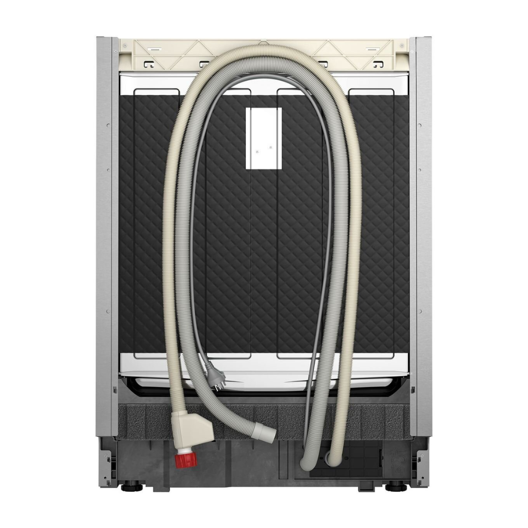 A back view of the Westinghouse 60cm built under dishwasher showing the power cable, water inlet and water outlet hoses.