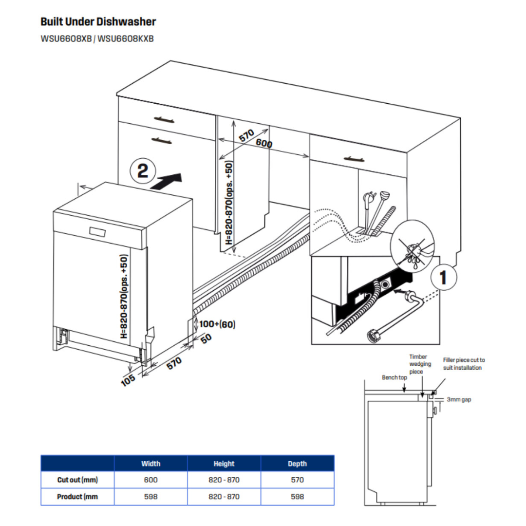 A dimension sheet for the Westinghouse 60cm built under dishwasher.