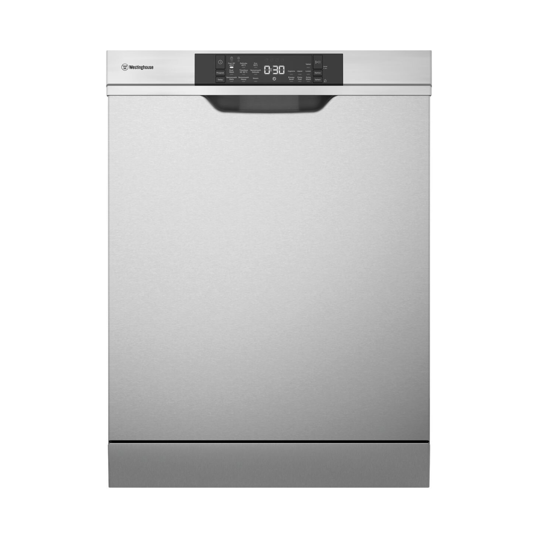 Front view of the Westinghouse 60cm Built-under dishwasher in a stainless steel finish with the door closed and the control panel with different settings.