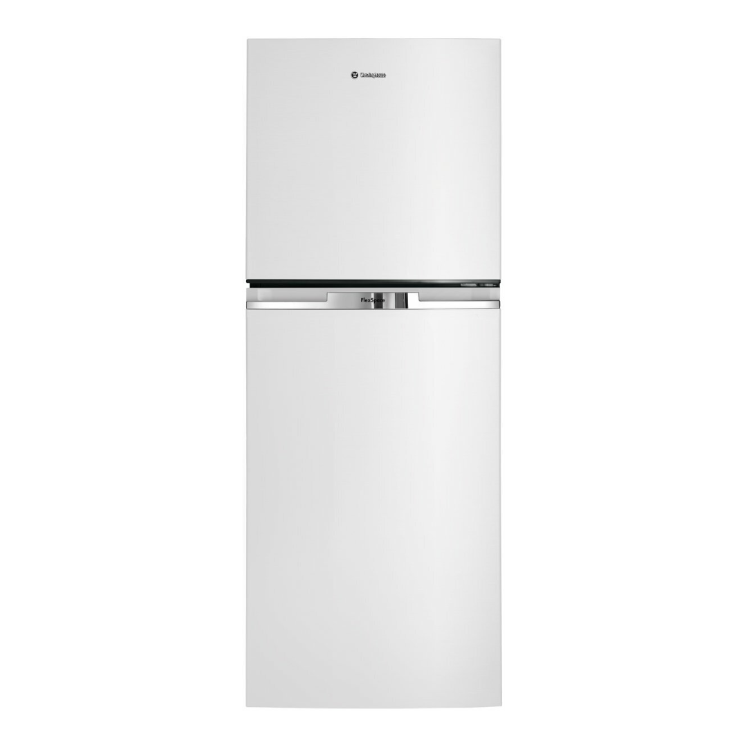 Front view of the Westinghouse 225L top mount fridge in a white finish with the doors closed.