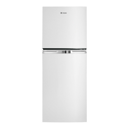 Front view of the Westinghouse 225L top mount fridge in a white finish with the doors closed.