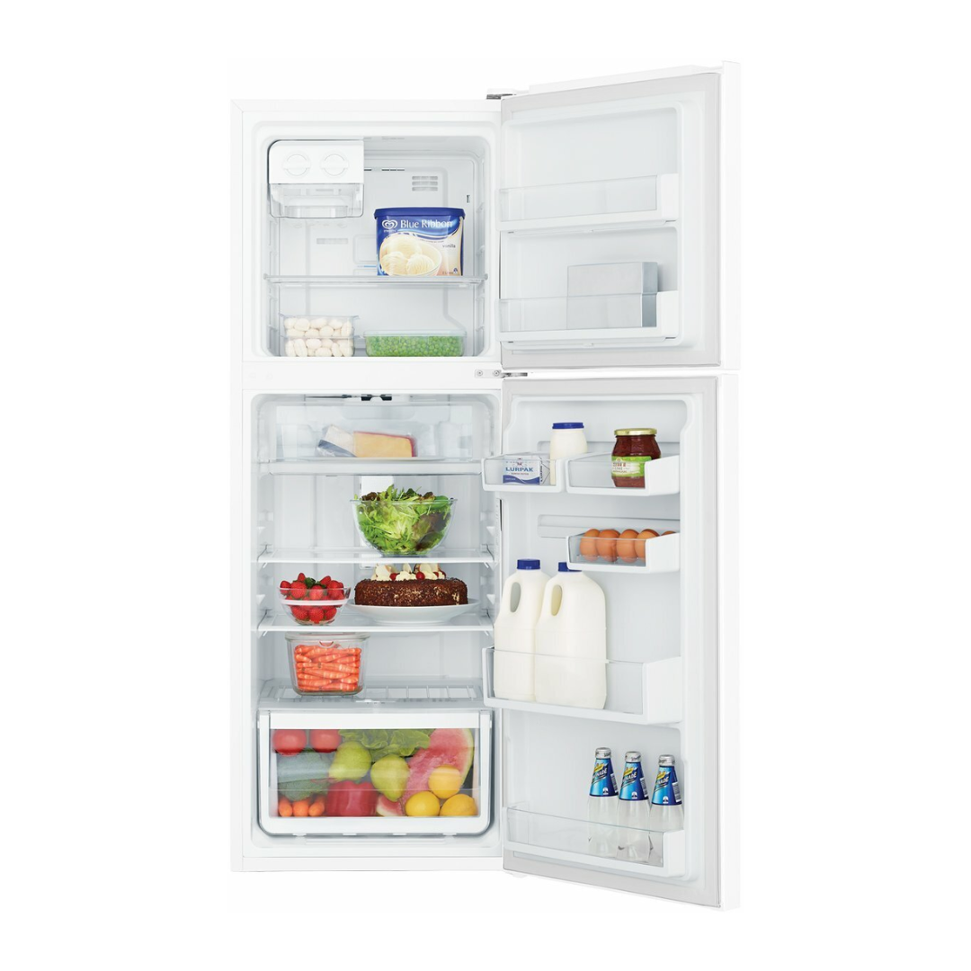 Front view of the Westinghouse 225L top mount fridge with the doors open, showing organised shelves, door bins, fresh produce draws and the freezer compartment.