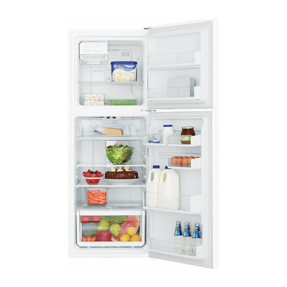 Front view of the Westinghouse 225L top mount fridge with the doors open, showing organised shelves, door bins, fresh produce draws and the freezer compartment.