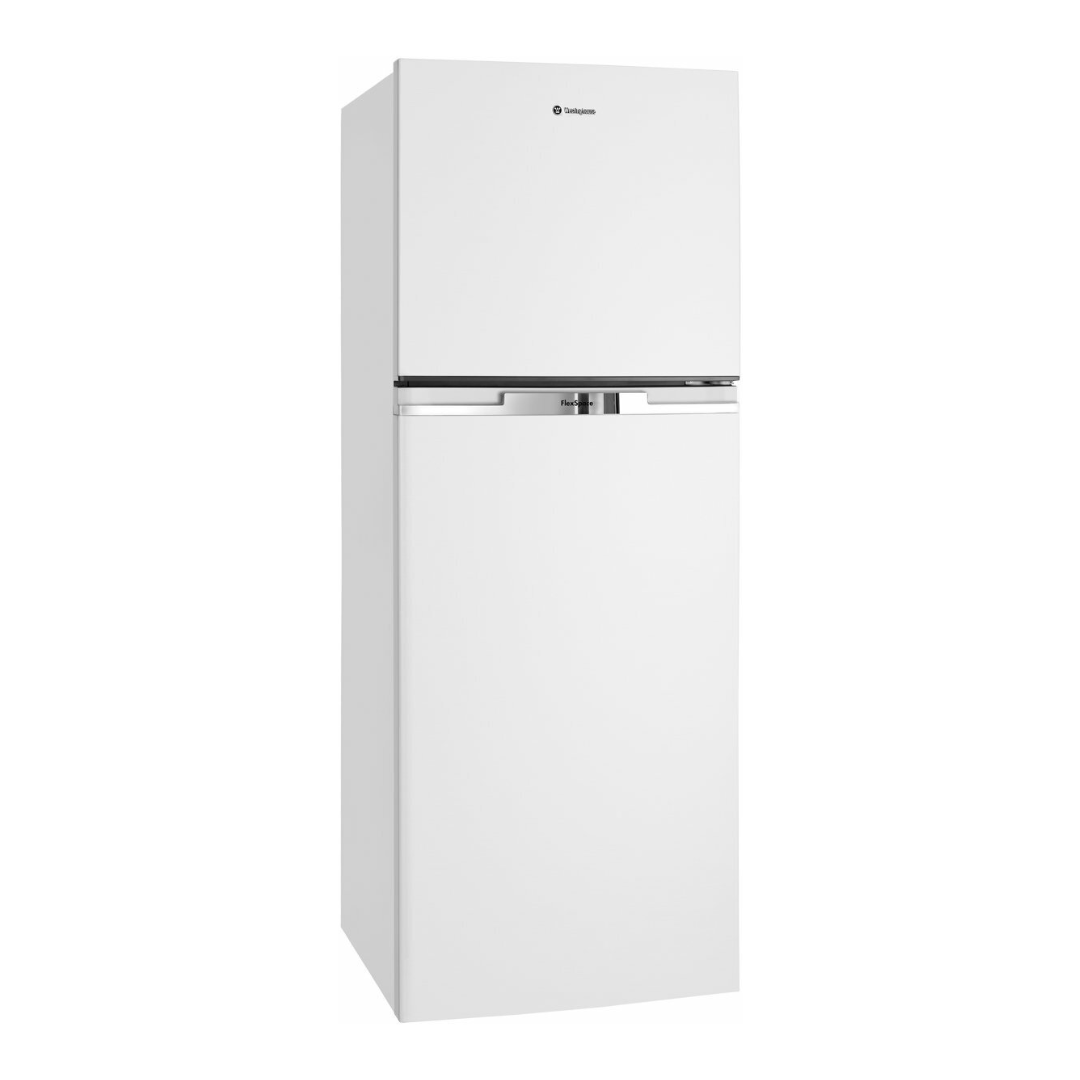 An angled view of the Westinghouse 256L top mount fridge with the doors closed and the left side panel visible.