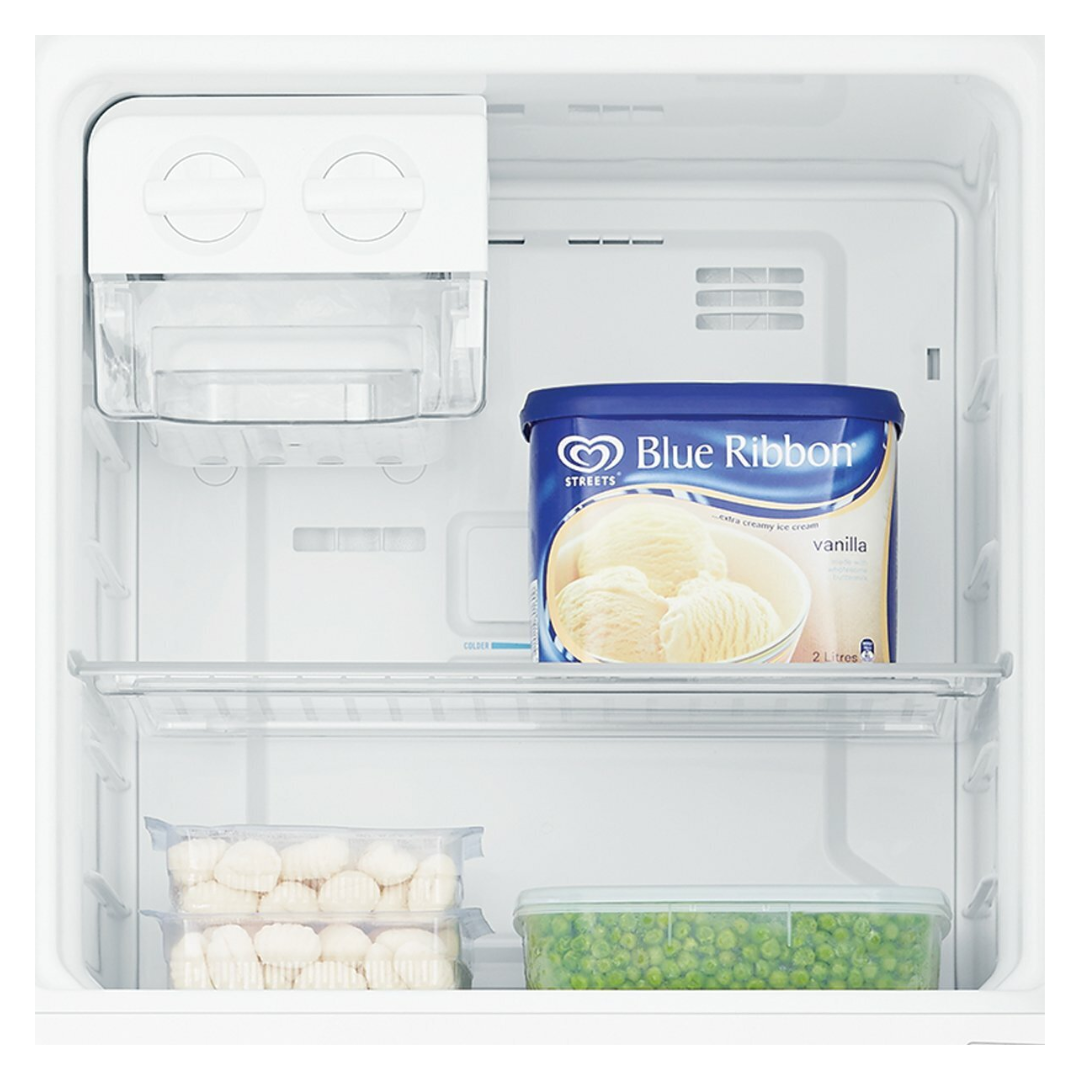 A close up view of the freezer compartment in the Westinghouse 256L top mount fridge.