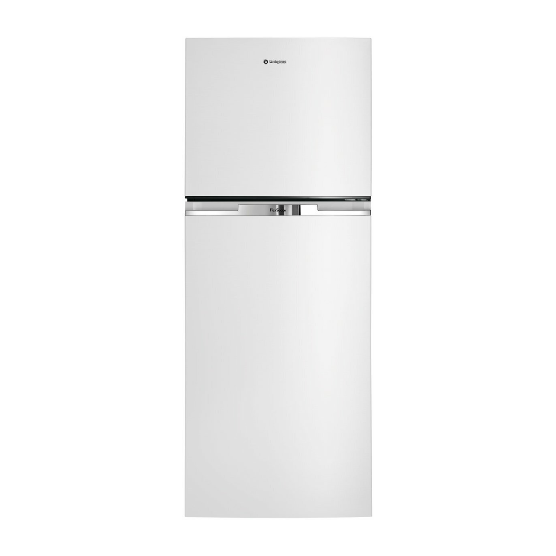 Front view of the Westinghouse 256L top mount fridge in a white finish with the doors closed.