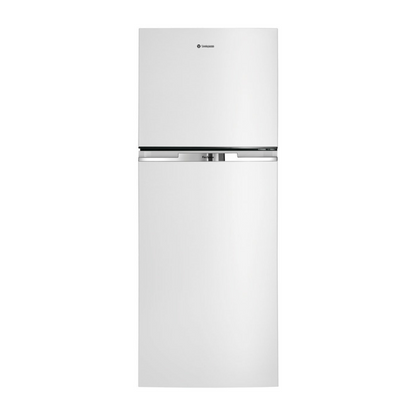 Front view of the Westinghouse 256L top mount fridge in a white finish with the doors closed.