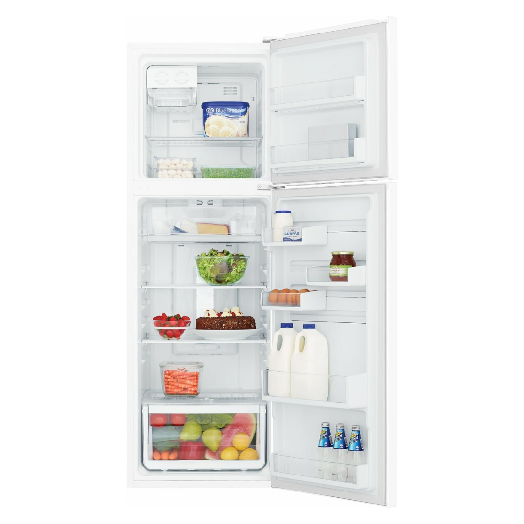 Front view of the Westinghouse 256L top mount fridge with the doors open, showing organised shelves, door bins, fresh produce draws and freezer compartments.