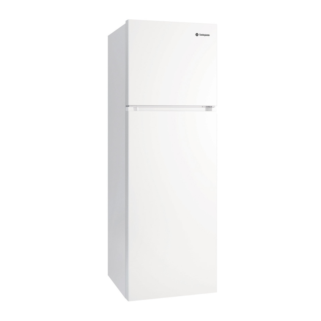 An angled view of the Westinghouse 341L top mount fridge with the left side panel visible and doors closed.