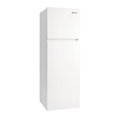 An angled view of the Westinghouse 341L top mount fridge with the left side panel visible and doors closed.