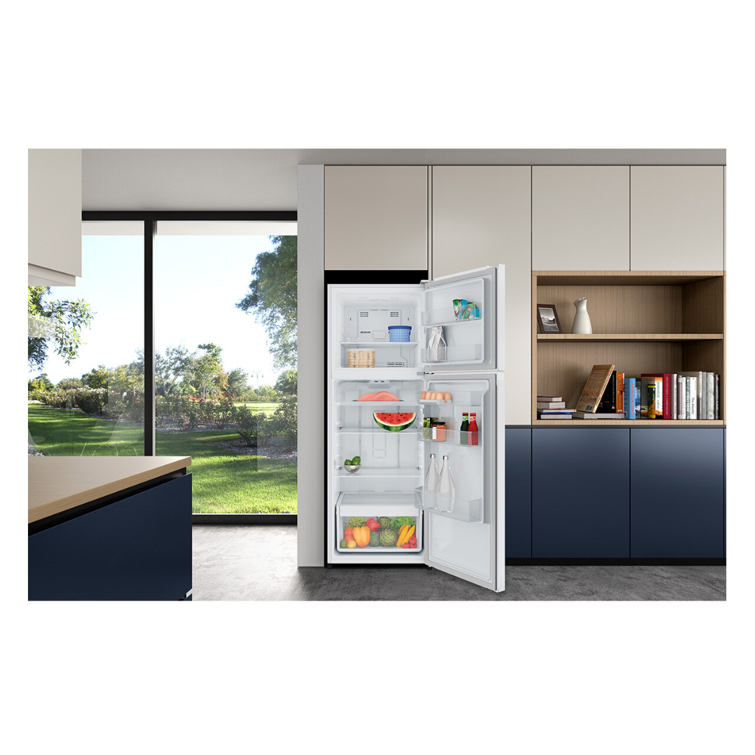 Front view of the Westinghouse 341L Top Mount fridge with both doors open in a modern kitchen setting. 