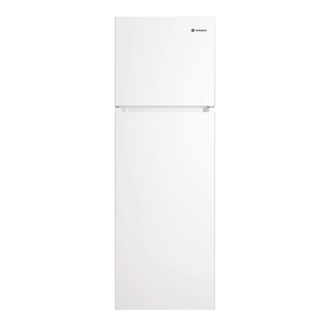 Front view of the Westinghouse 341L top mount fridge with the doors closed. 