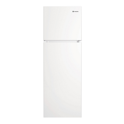 Front view of the Westinghouse 341L top mount fridge with the doors closed. 
