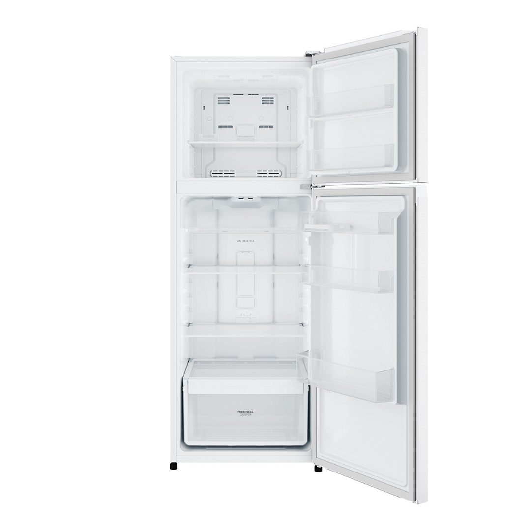 Front view of Westinghouse 341L top mount fridge with doors open,, showing organised shelves,, door bins, fresh produce draws and freezer compartments.