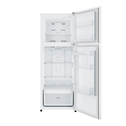 Front view of Westinghouse 341L top mount fridge with doors open,, showing organised shelves,, door bins, fresh produce draws and freezer compartments.