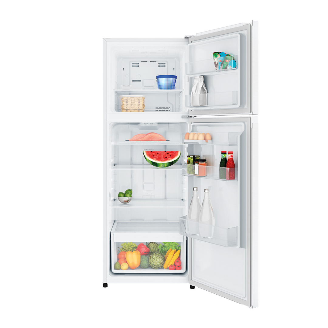 Front view of the Westinghouse 341L top mount fridge with doors open, showing organised shelves door bins, produce draws and freezer compartments.