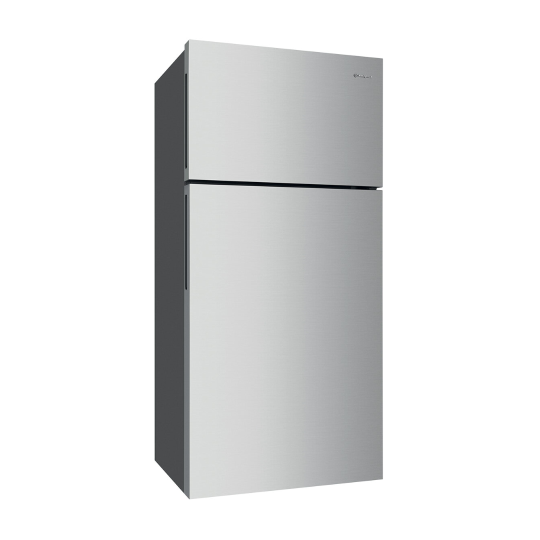 Angled view of the Westinghouse 503L top mount fridge in a silver finish with the doors closed and the left side panel visible.