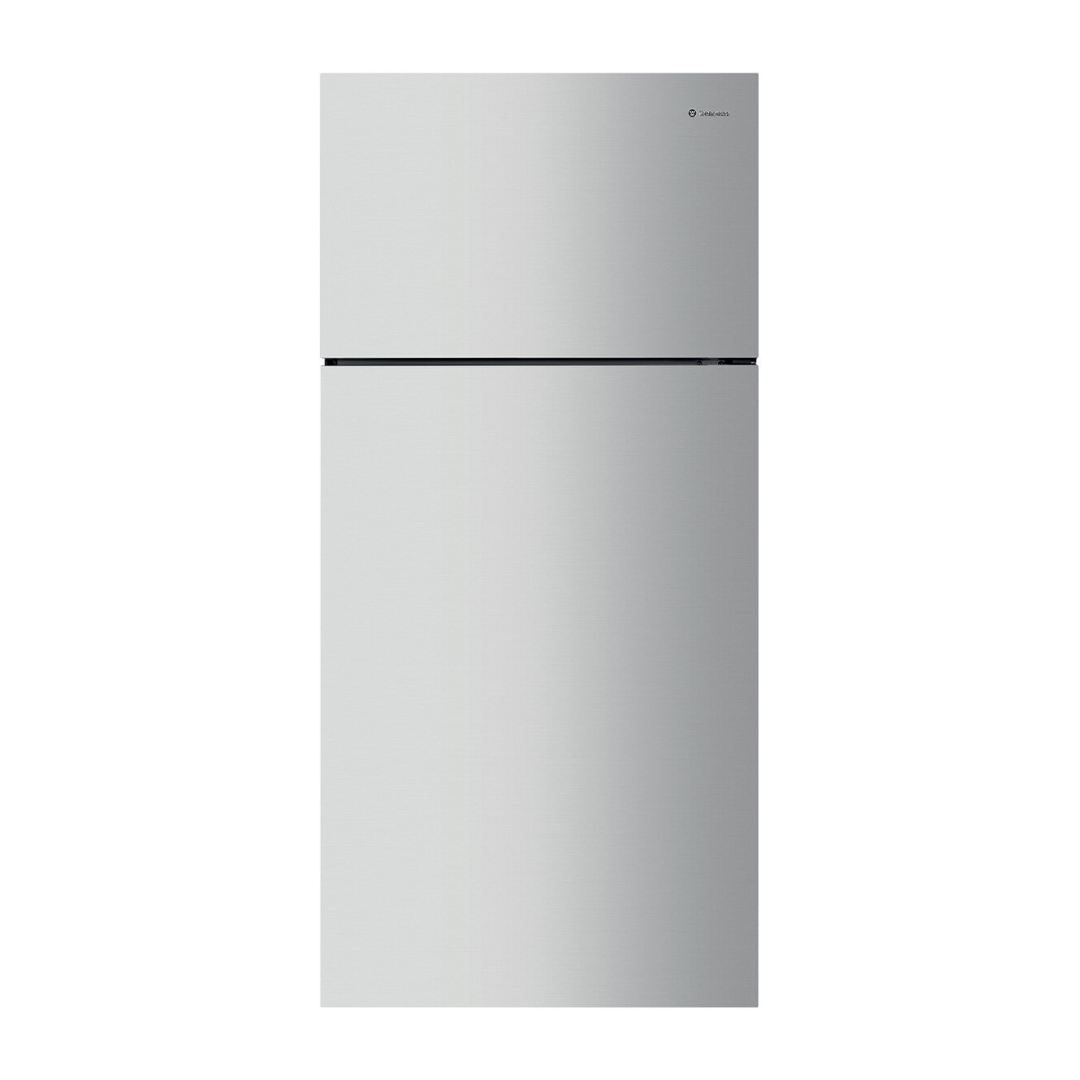 Front view of the Westinghouse 503L top mount fridge in a silver finish with the doors closed.