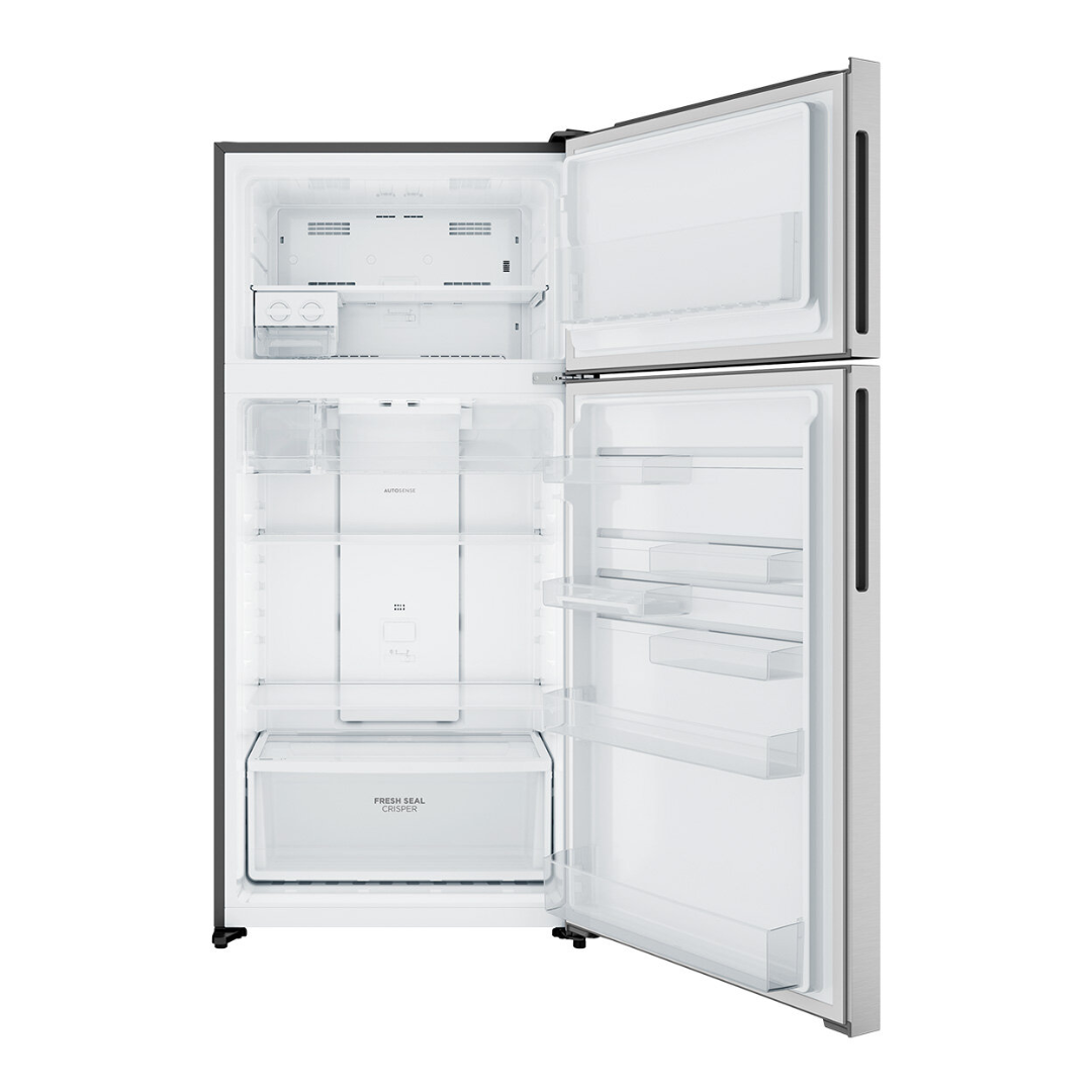 Front view of the Westinghouse 503L top mount fridge with the doors open, showing organised shelves, door bins, fresh produce drawer and freezer compartments.
