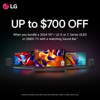 Promotional banner for LG TVs and Soundbars, massive savings when you purchase in the same transaction. 