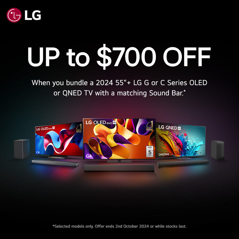 Promotional Banner for LG TVs and Soundbars. when yo bundle them up you can save up yo $700. Available at Bi-Rite Home Appliances