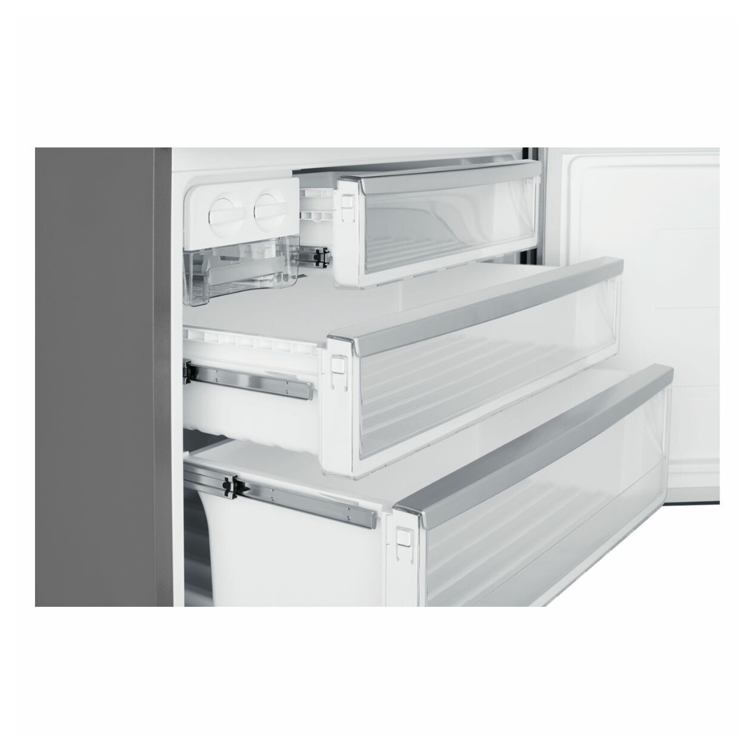 A close up view of the freezer compartment of the Westinghouse 496L bottom mount fridge, showing the three freezer draws and the ice draw.