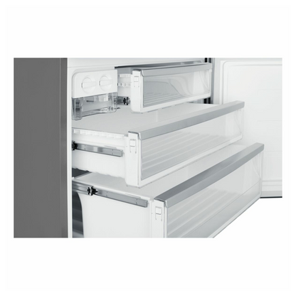 A close up view of the freezer compartment of the Westinghouse 496L bottom mount fridge, showing the three freezer draws and the ice draw.