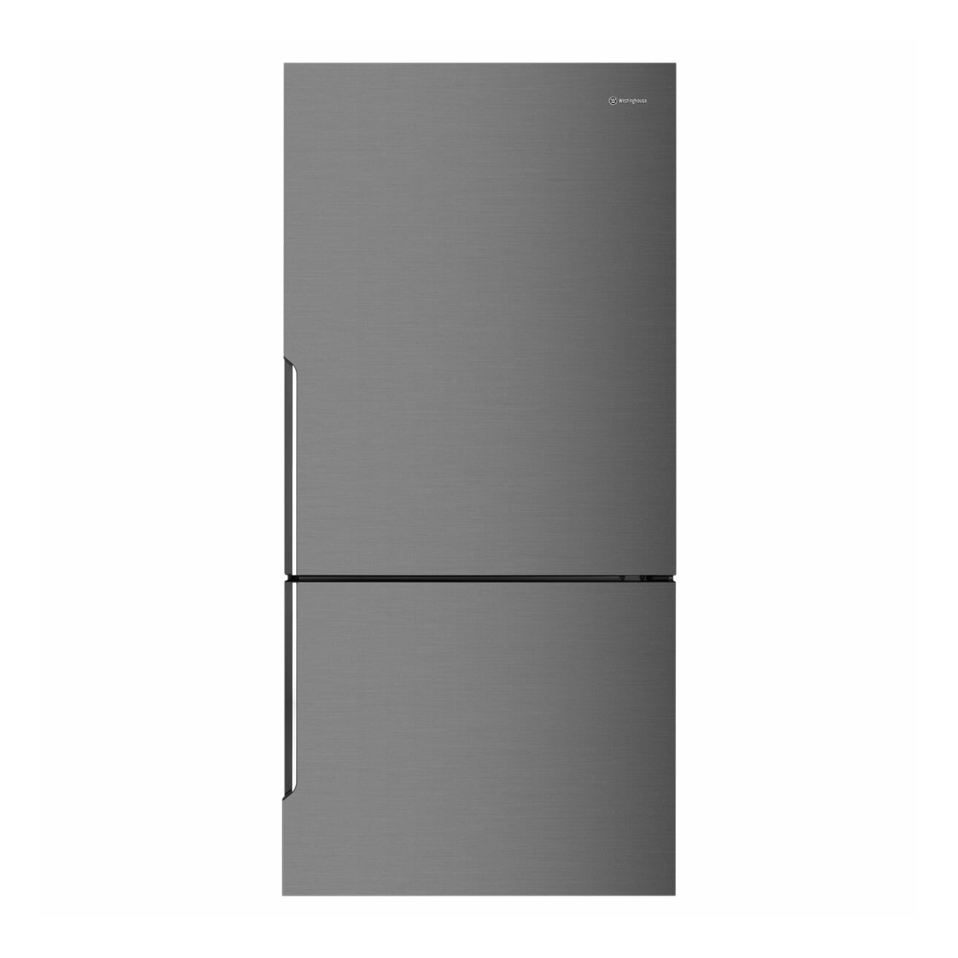 Front view of a Westinghouse 496L bottom mount fridge in dark stainless steel with both doors closed.