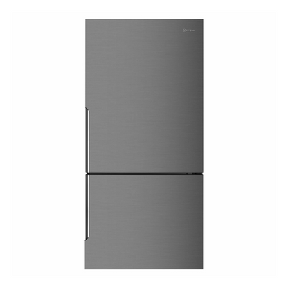 Front view of a Westinghouse 496L bottom mount fridge in dark stainless steel with both doors closed.
