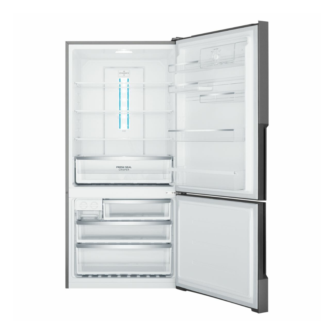 Front view of a Westinghouse 496L Bottom Mount Fridge in dark stainless steel with both doors open, showing adjustable shelves, door bins, a crisper drawer and three freezer drawers for organised storage.