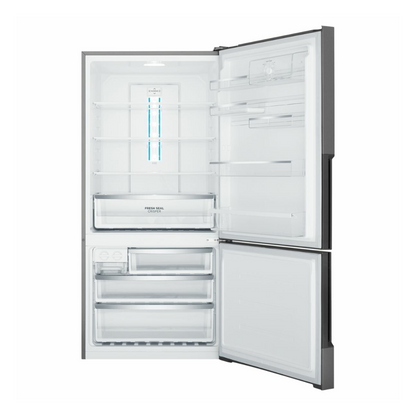 Front view of a Westinghouse 496L Bottom Mount Fridge in dark stainless steel with both doors open, showing adjustable shelves, door bins, a crisper drawer and three freezer drawers for organised storage.