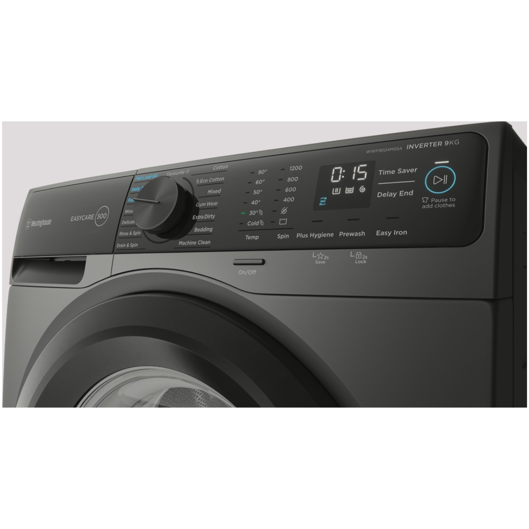 A close up view of the control panel showing the digital display, pause and start button, different wash setting and a control knob for the different wash programs.