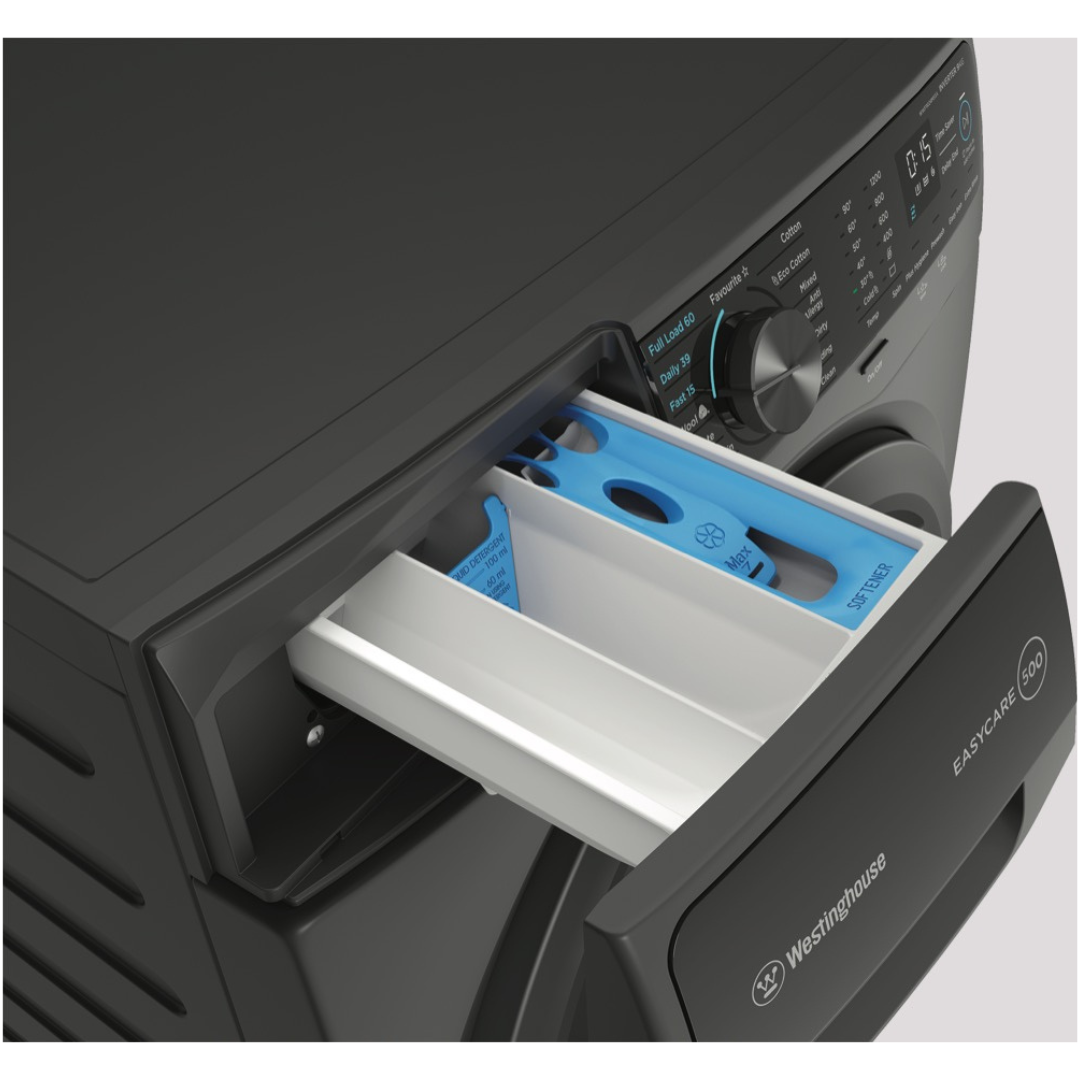 A close up angled view of the control panel with the detergent compartment open, showing the softener compartment, washing powder compartment and different wash settings available.