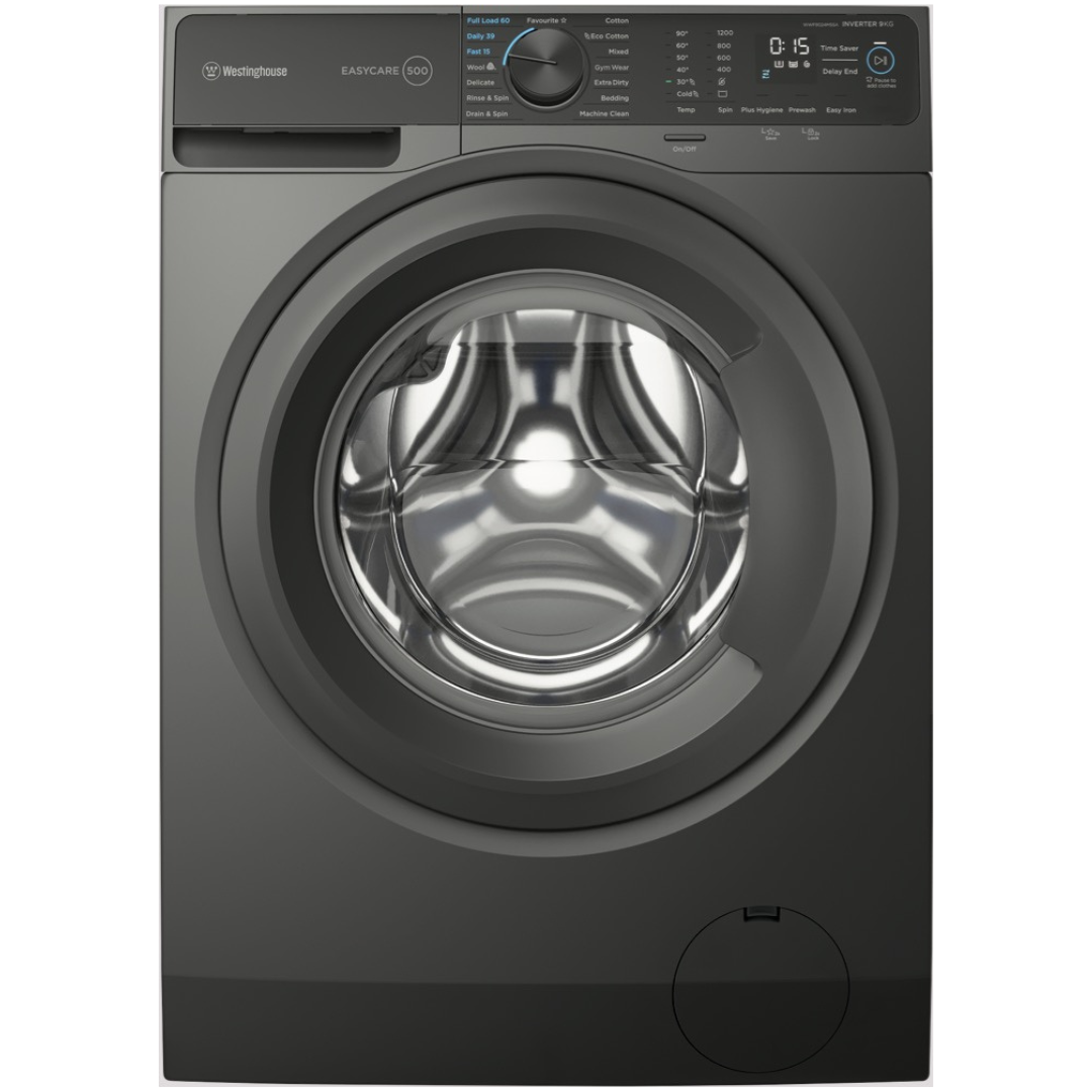 Front view of the Westinghouse 9kg front load washing machine in a metallic grey finish with the door closed and the control panel with multiple wash settings.